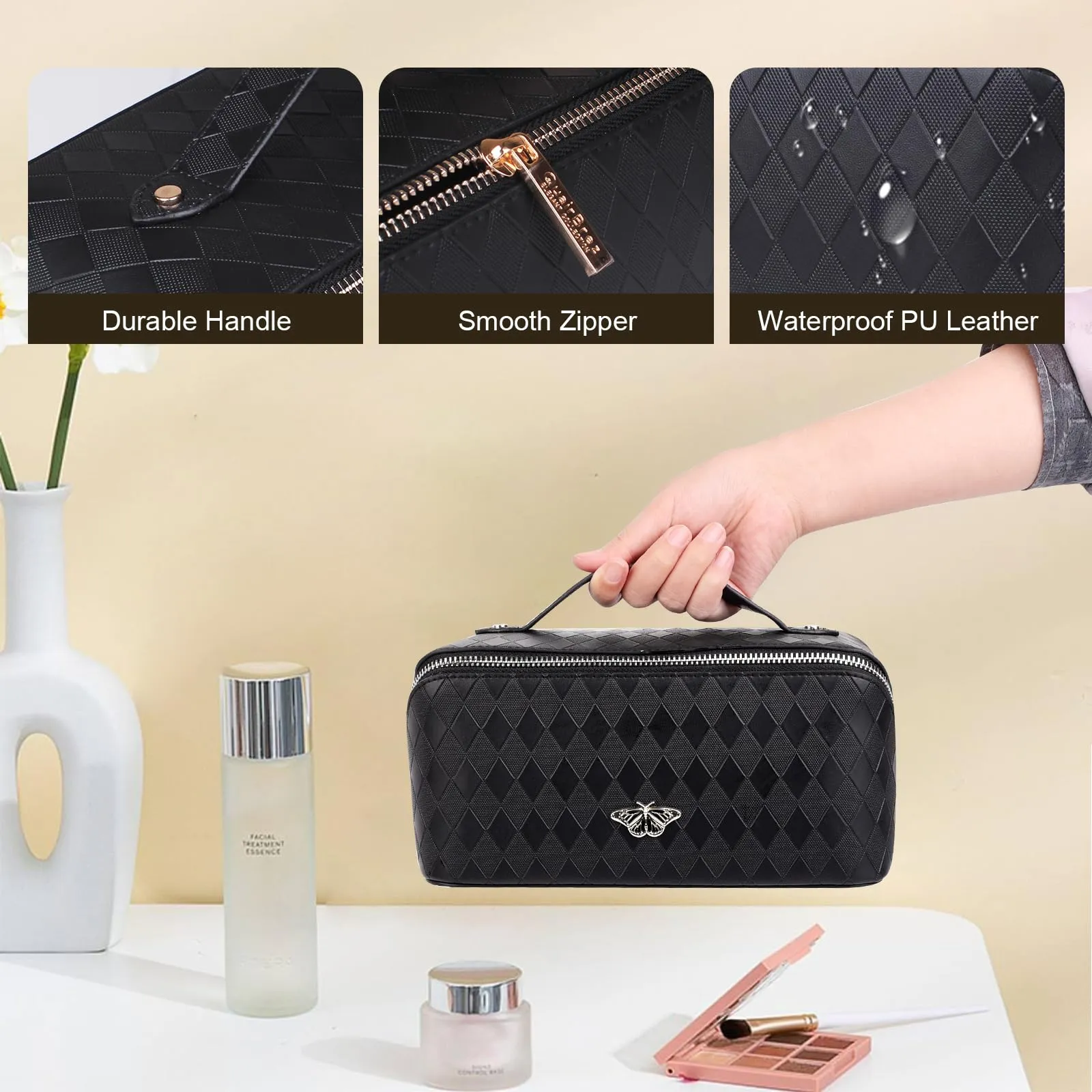 QuairBrez Travel Makeup Bag Large Capacity Cosmetic Bag Toiletry Bag Pouch Open Flat for Women Girls Portable Makeup Organizer Waterproof Leather Black Vanity Bag