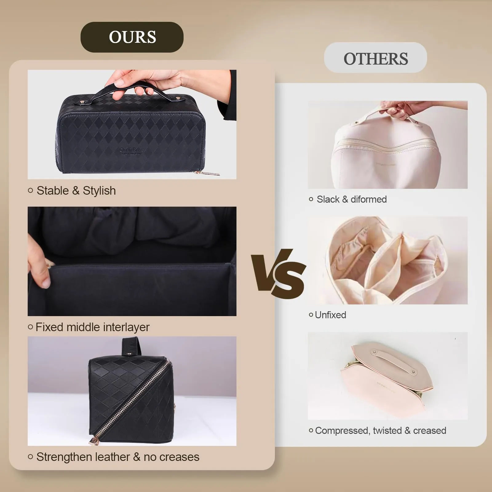 QuairBrez Travel Makeup Bag Large Capacity Cosmetic Bag Toiletry Bag Pouch Open Flat for Women Girls Portable Makeup Organizer Waterproof Leather Black Vanity Bag
