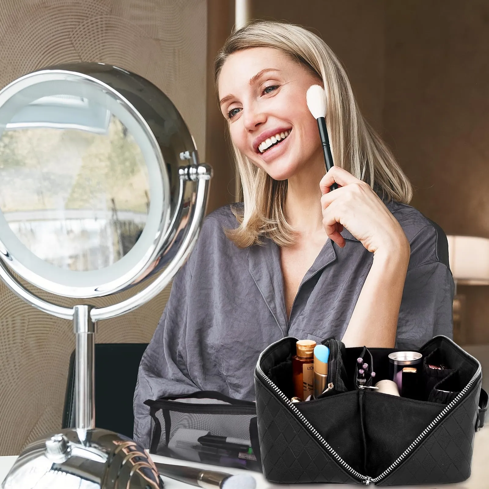 QuairBrez Travel Makeup Bag Large Capacity Cosmetic Bag Toiletry Bag Pouch Open Flat for Women Girls Portable Makeup Organizer Waterproof Leather Black Vanity Bag