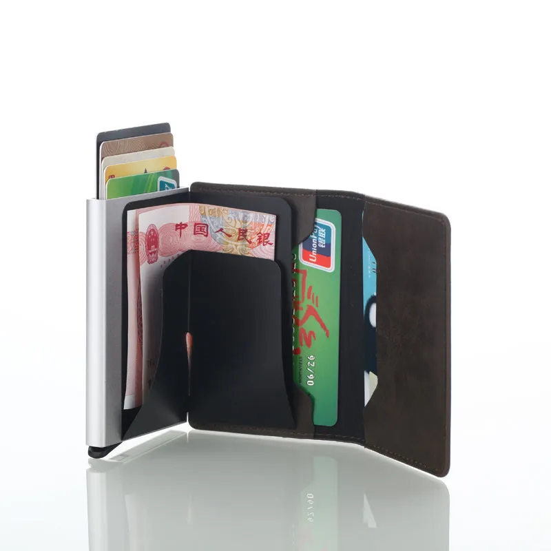 Realaiot Antitheft Rfid Blocking Wallet Metal Credit Card Holder Automatic Elastic Vintage Aluminum Wallet PU Leather rfidwallet Gifts for Men