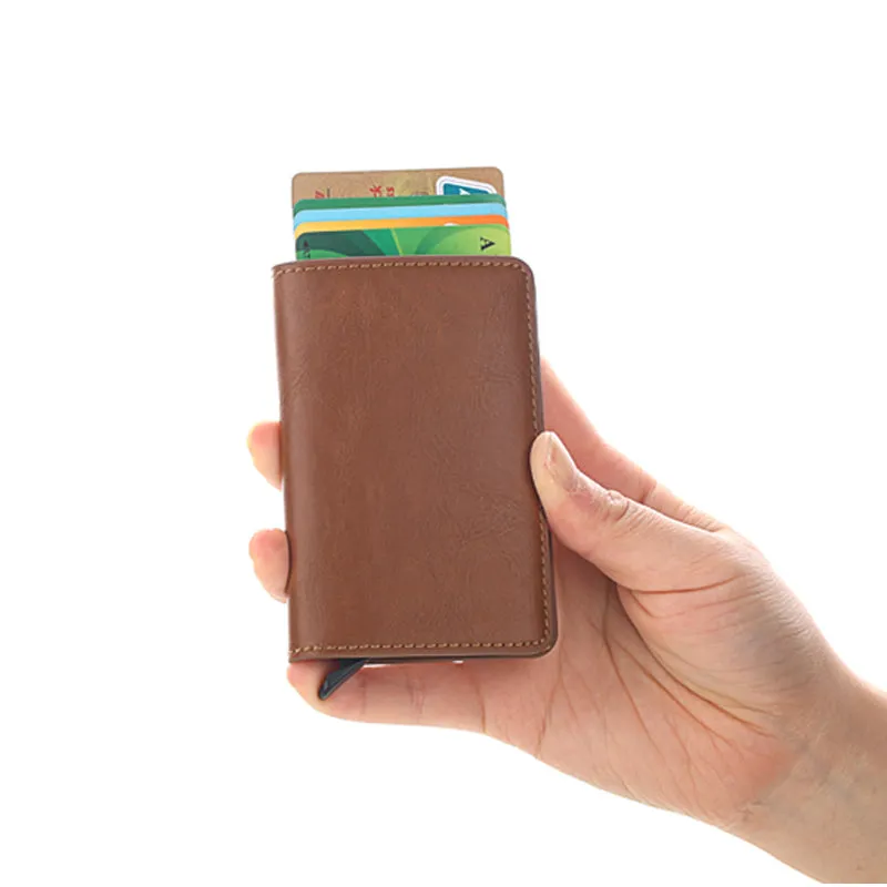 Realaiot Antitheft Rfid Blocking Wallet Metal Credit Card Holder Automatic Elastic Vintage Aluminum Wallet PU Leather rfidwallet Gifts for Men