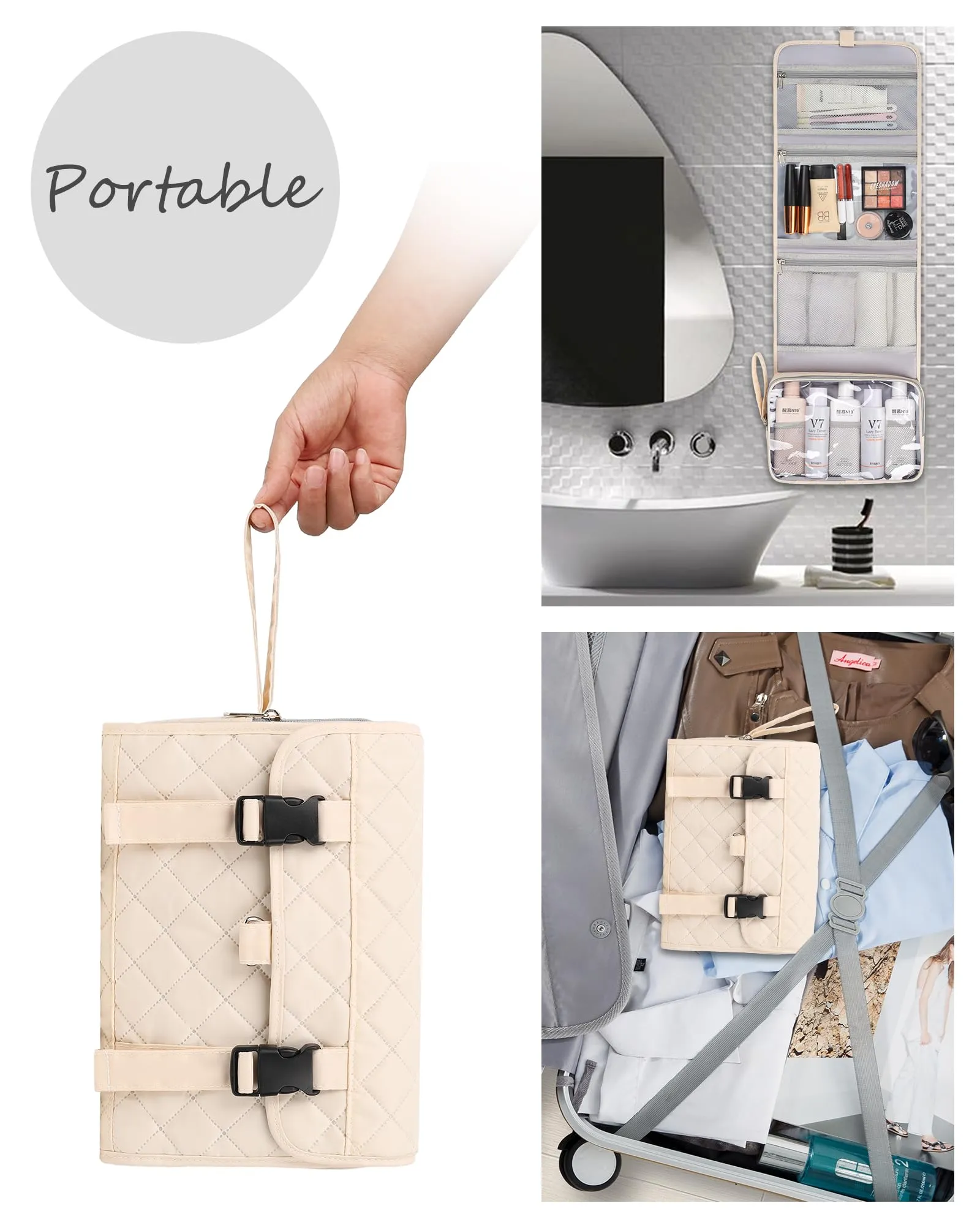 Relavel Travel Hanging Toiletry Bag, Waterproof Hanging Toiletry Bag Set for Men and Women, Compact Cosmetic Bag Organizer with Hanging Hook, Makeup Organizer for Bathroom Shower (Off-White)
