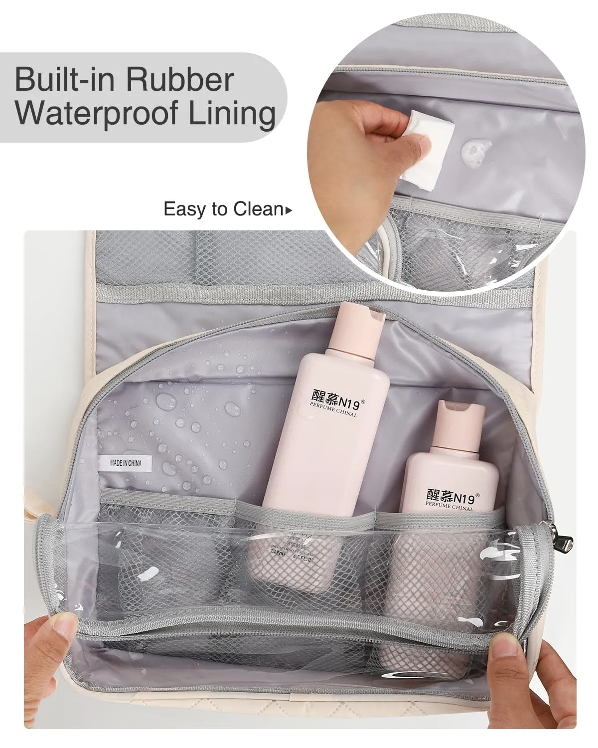 Relavel Travel Hanging Toiletry Bag, Waterproof Hanging Toiletry Bag Set for Men and Women, Compact Cosmetic Bag Organizer with Hanging Hook, Makeup Organizer for Bathroom Shower (Off-White)