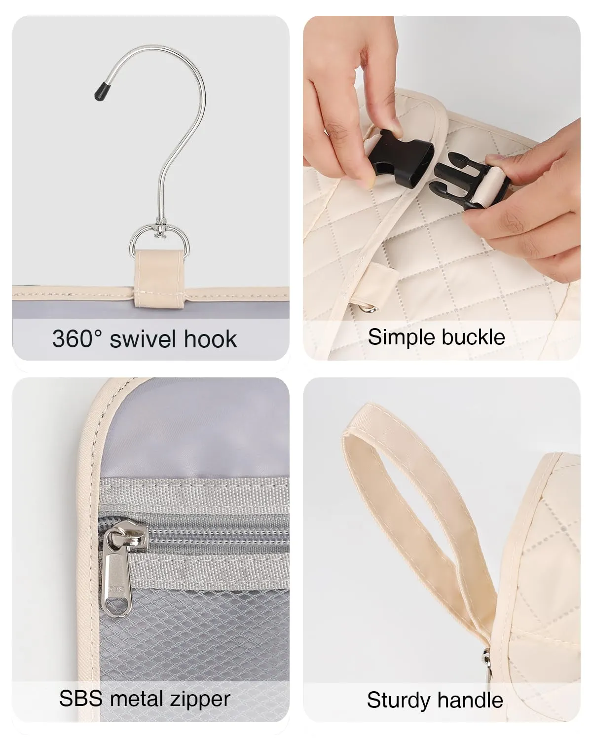 Relavel Travel Hanging Toiletry Bag, Waterproof Hanging Toiletry Bag Set for Men and Women, Compact Cosmetic Bag Organizer with Hanging Hook, Makeup Organizer for Bathroom Shower (Off-White)
