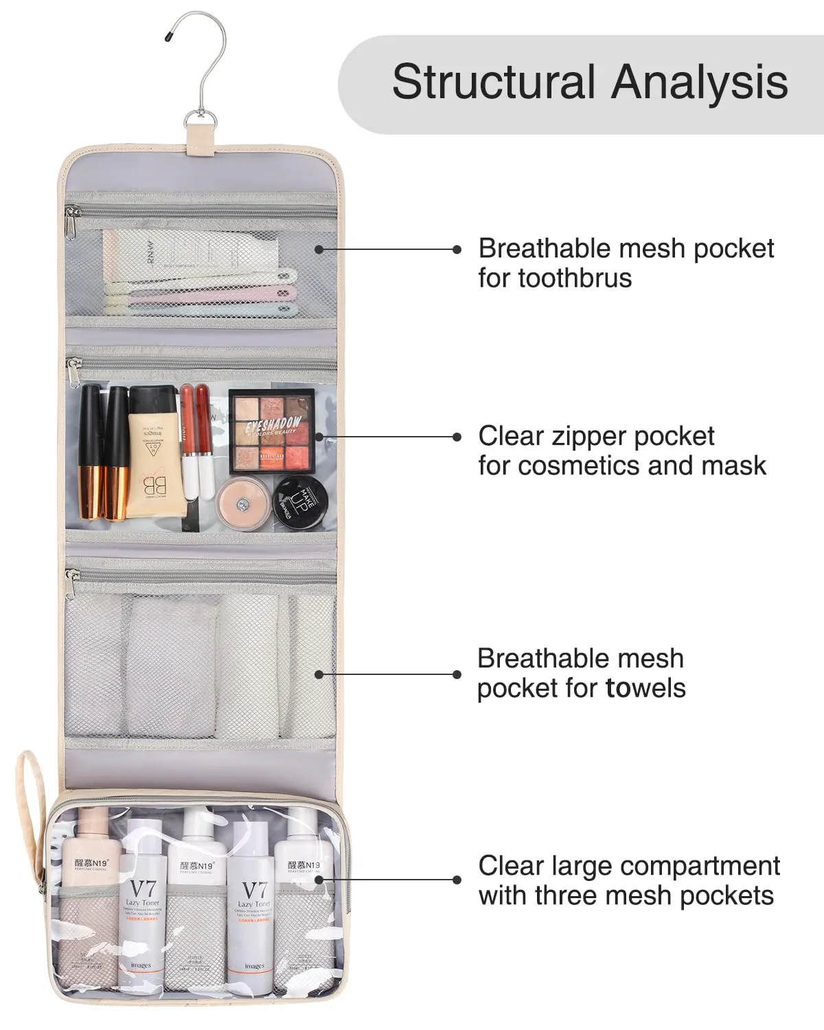 Relavel Travel Hanging Toiletry Bag, Waterproof Hanging Toiletry Bag Set for Men and Women, Compact Cosmetic Bag Organizer with Hanging Hook, Makeup Organizer for Bathroom Shower (Off-White)