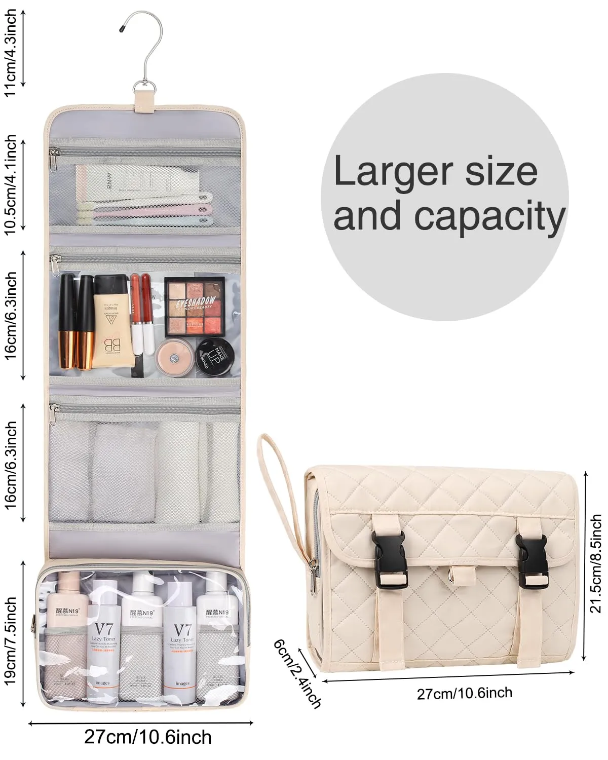 Relavel Travel Hanging Toiletry Bag, Waterproof Hanging Toiletry Bag Set for Men and Women, Compact Cosmetic Bag Organizer with Hanging Hook, Makeup Organizer for Bathroom Shower (Off-White)