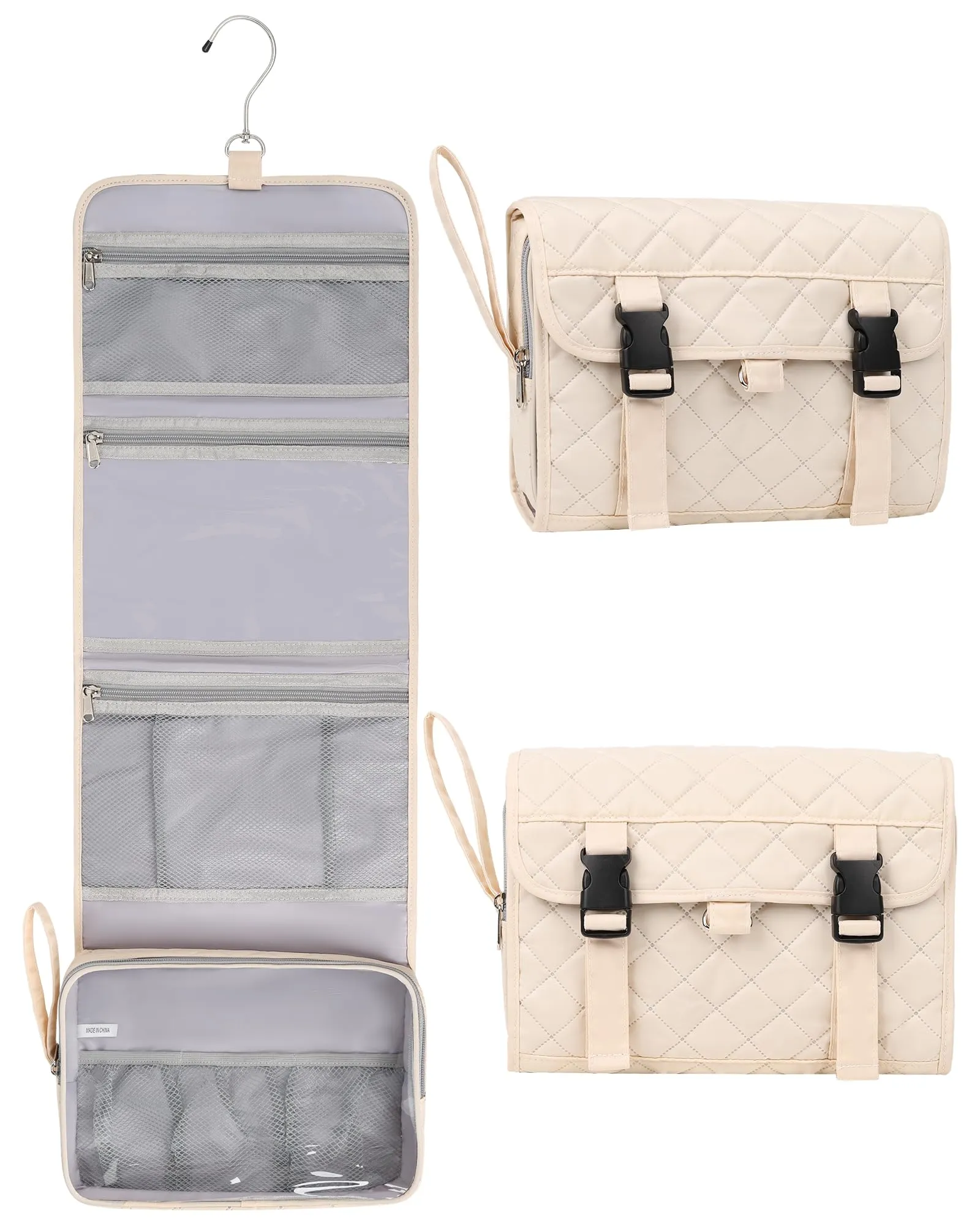Relavel Travel Hanging Toiletry Bag, Waterproof Hanging Toiletry Bag Set for Men and Women, Compact Cosmetic Bag Organizer with Hanging Hook, Makeup Organizer for Bathroom Shower (Off-White)