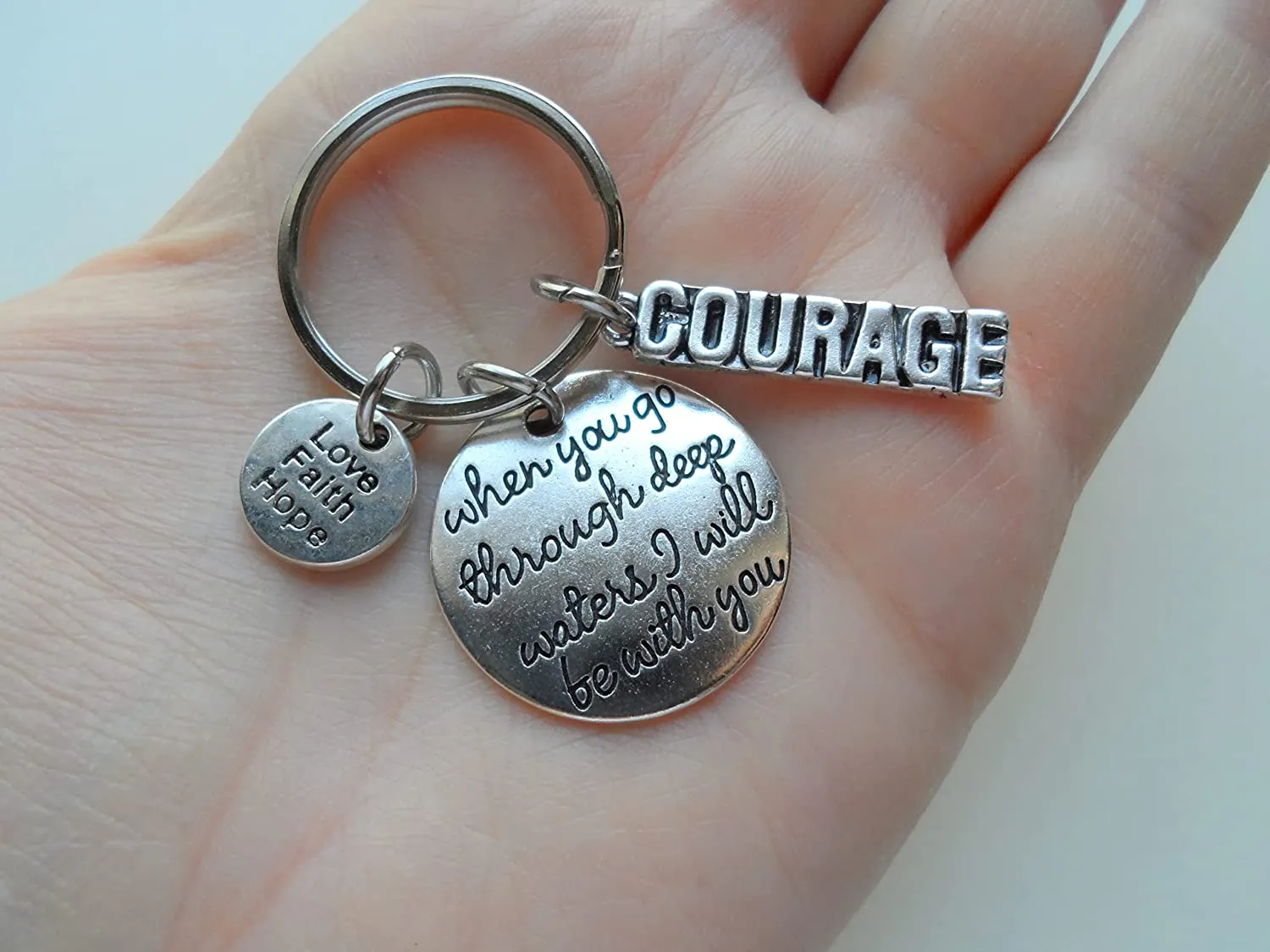 Religious Charm Keychain with "When You Go Through Deep Waters I will Be With You" Disc Charm, Courage Charm, and Love Faith Hope Charm