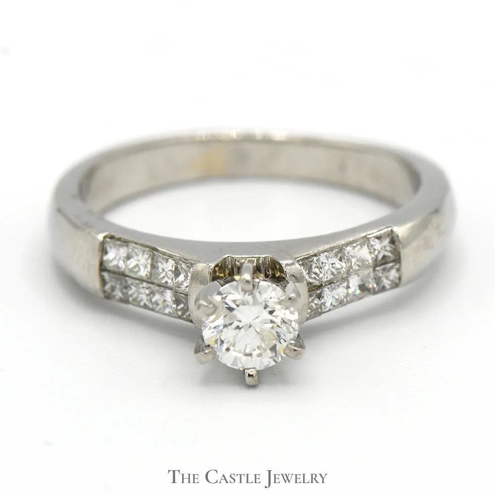 Round Diamond Solitaire Engagement Ring with Princess Cut Accents in Platinum