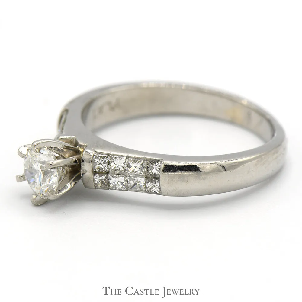 Round Diamond Solitaire Engagement Ring with Princess Cut Accents in Platinum