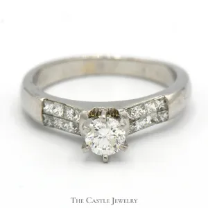 Round Diamond Solitaire Engagement Ring with Princess Cut Accents in Platinum