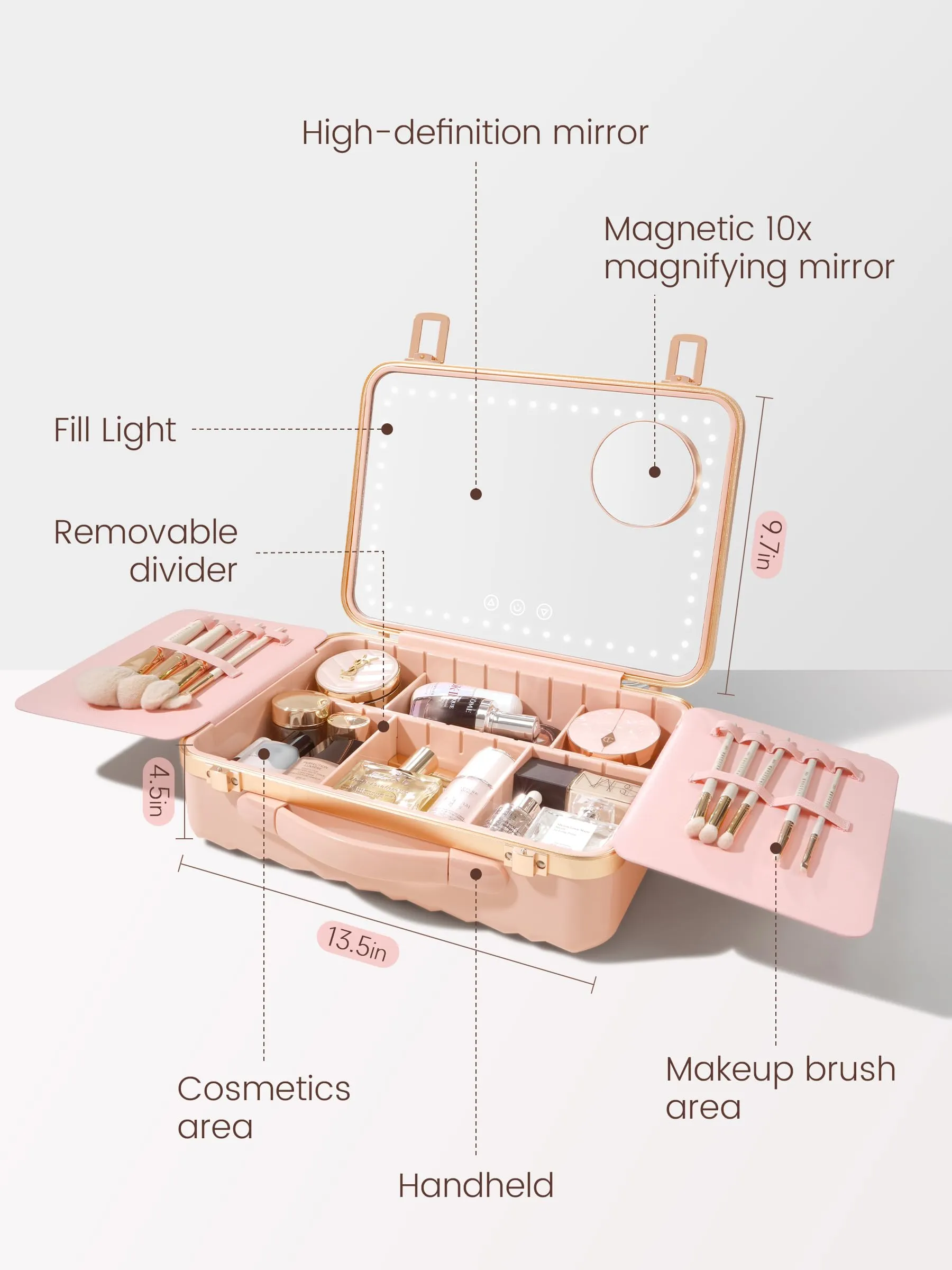 ROWNYEON Travel Makeup Case With Light Up Mirror Removable divider Portable Train Case Organizer Makeup Box for Girls Makeup Artist, Makeup Tools, Hairstylist Travel Makeup Case with 10x Mirror (Pink)