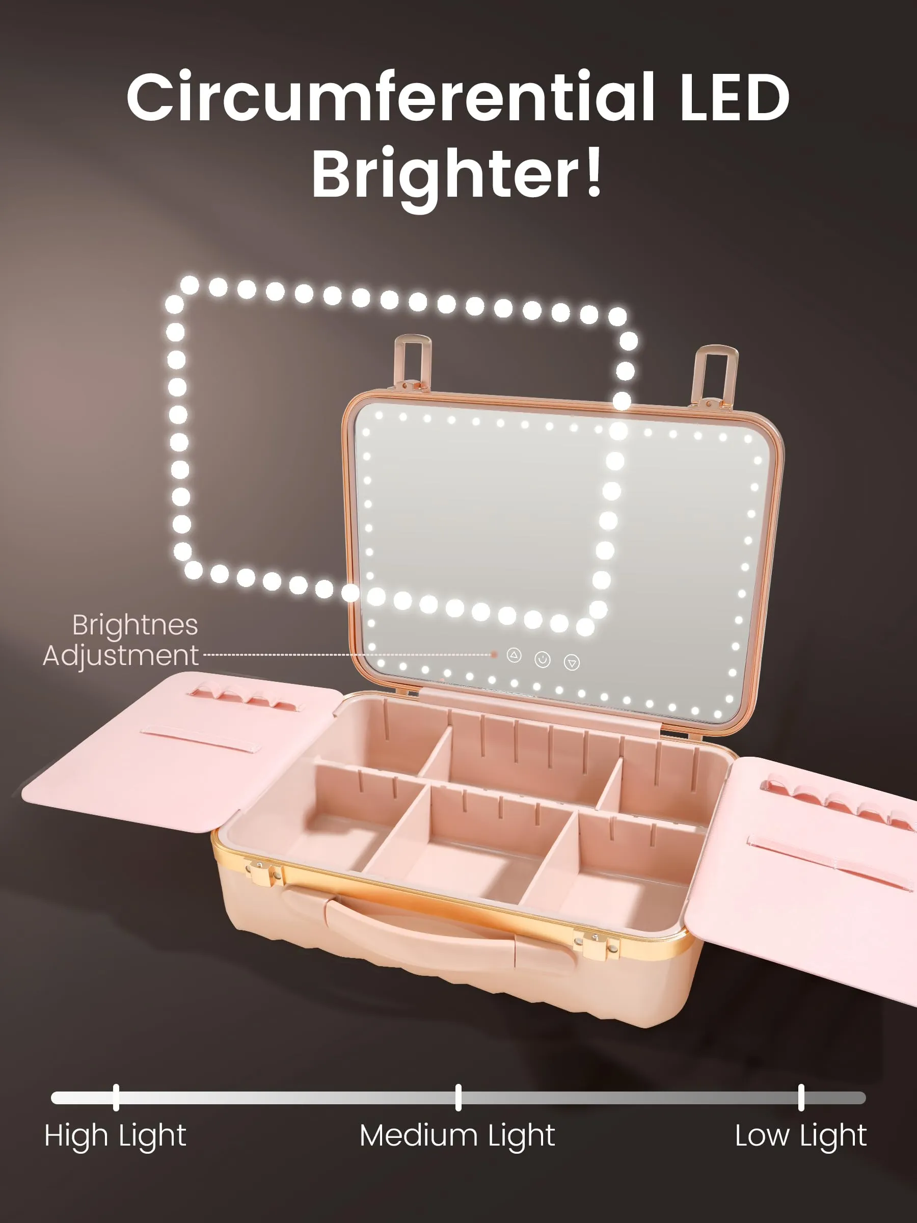 ROWNYEON Travel Makeup Case With Light Up Mirror Removable divider Portable Train Case Organizer Makeup Box for Girls Makeup Artist, Makeup Tools, Hairstylist Travel Makeup Case with 10x Mirror (Pink)