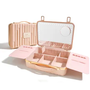 ROWNYEON Travel Makeup Case With Light Up Mirror Removable divider Portable Train Case Organizer Makeup Box for Girls Makeup Artist, Makeup Tools, Hairstylist Travel Makeup Case with 10x Mirror (Pink)