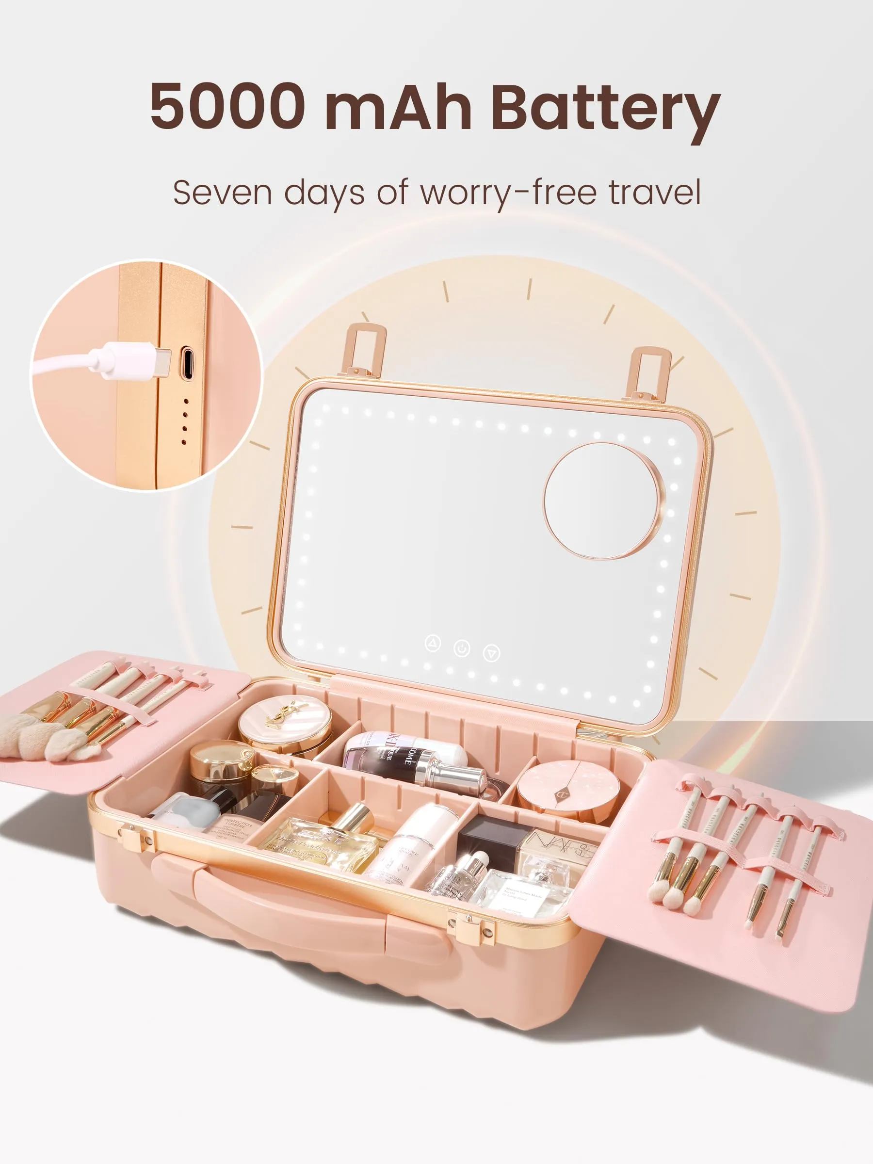 ROWNYEON Travel Makeup Case With Light Up Mirror Removable divider Portable Train Case Organizer Makeup Box for Girls Makeup Artist, Makeup Tools, Hairstylist Travel Makeup Case with 10x Mirror (Pink)