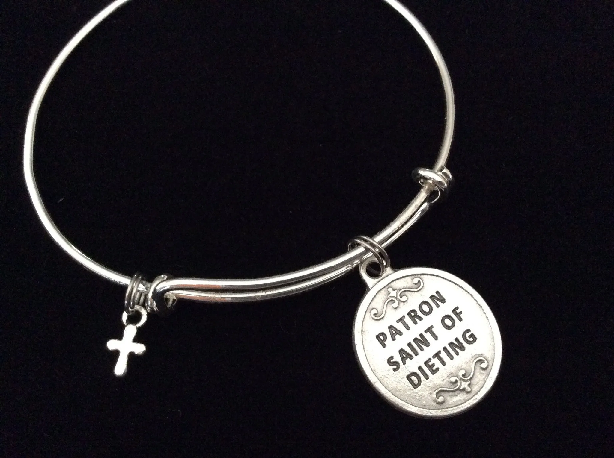Saint Borromeo Medal Silver Expandable Charm Bracelet Double Sided Adjustable Wire Bangle Stacking Trendy Patron Dieting Obesity Stomach