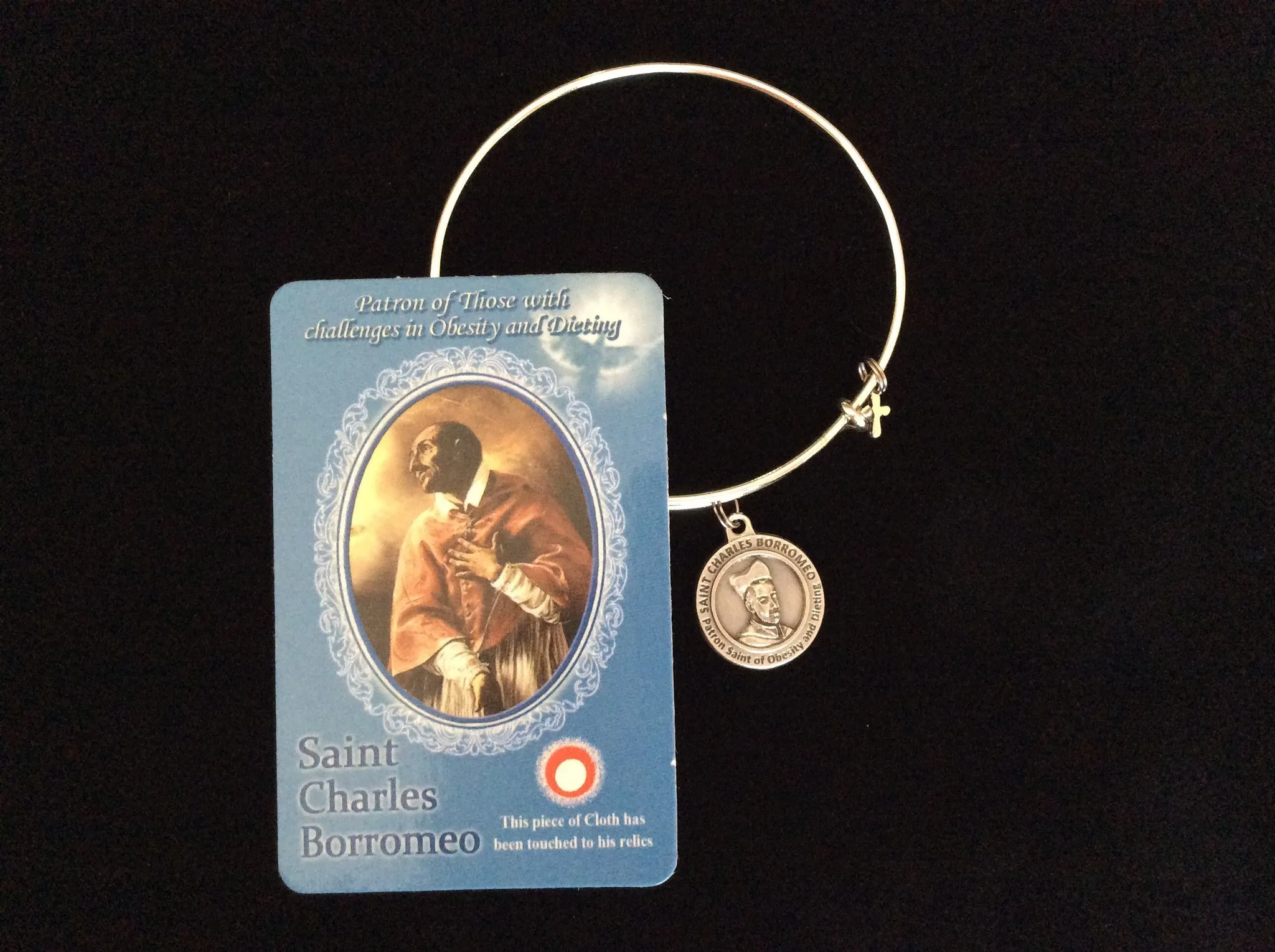 Saint Borromeo Medal Silver Expandable Charm Bracelet Double Sided Adjustable Wire Bangle Stacking Trendy Patron Dieting Obesity Stomach