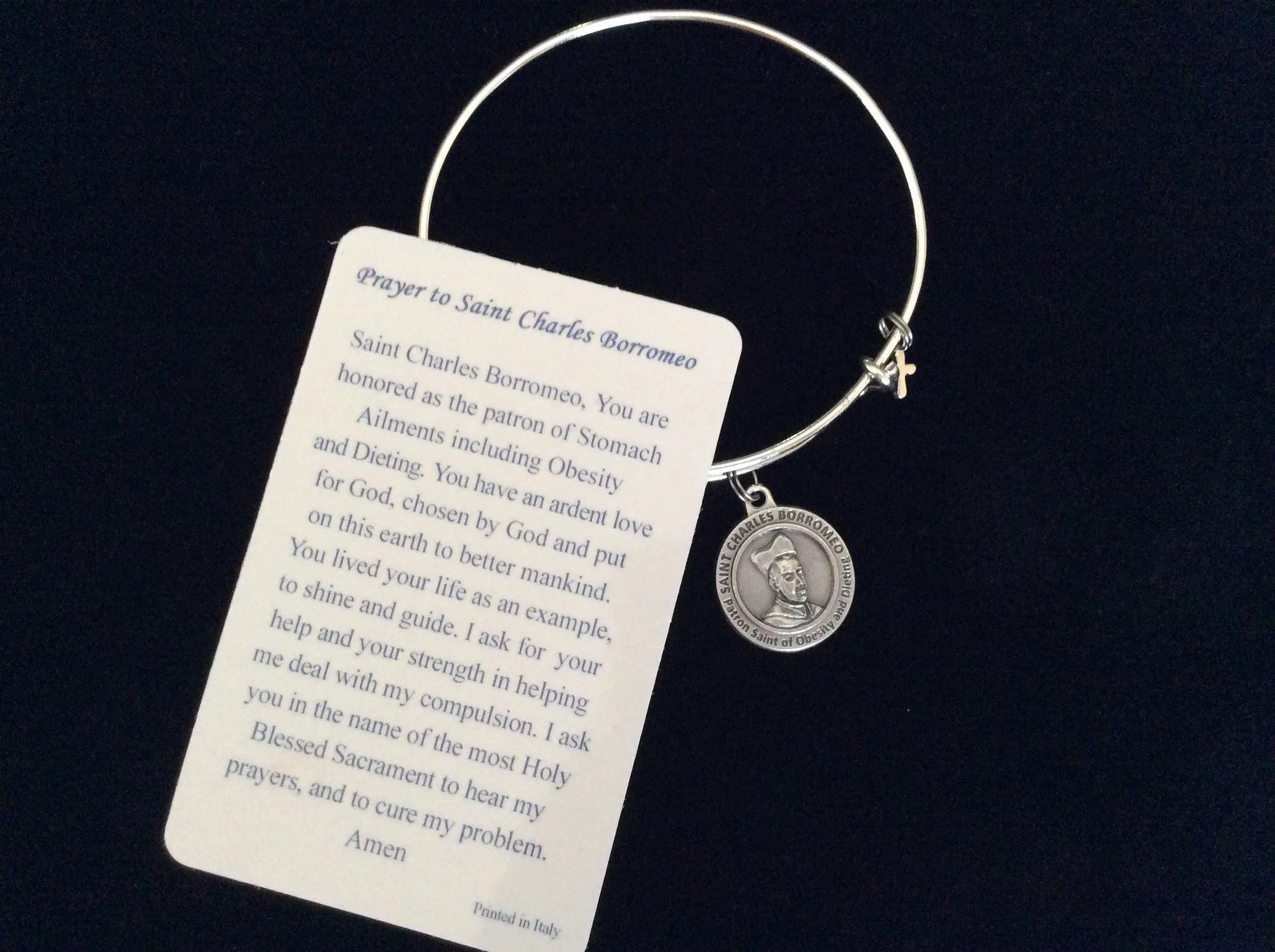 Saint Borromeo Medal Silver Expandable Charm Bracelet Double Sided Adjustable Wire Bangle Stacking Trendy Patron Dieting Obesity Stomach