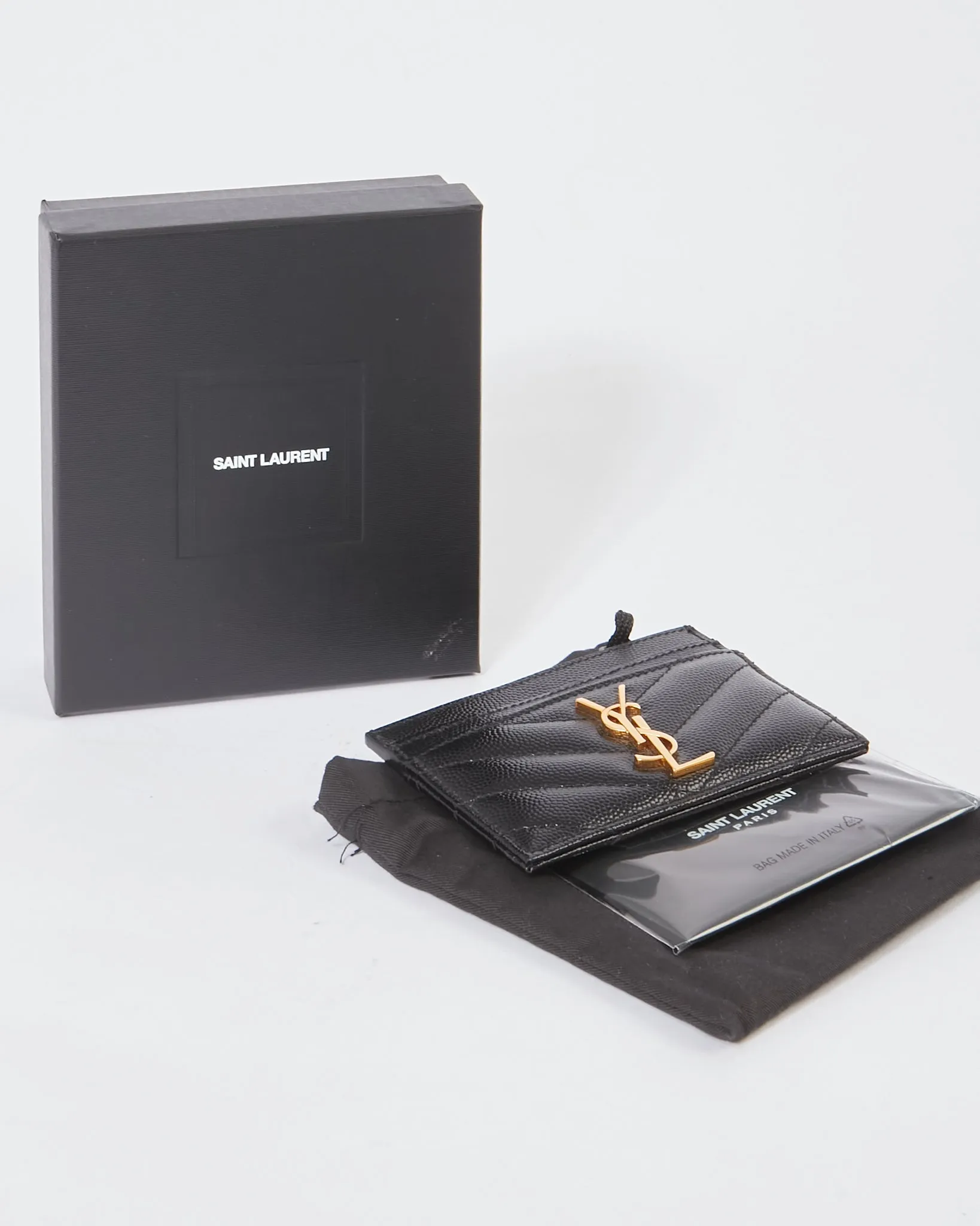 Saint Laurent Black Matelassé Grained Leather Cassandre Embossed Card Holder