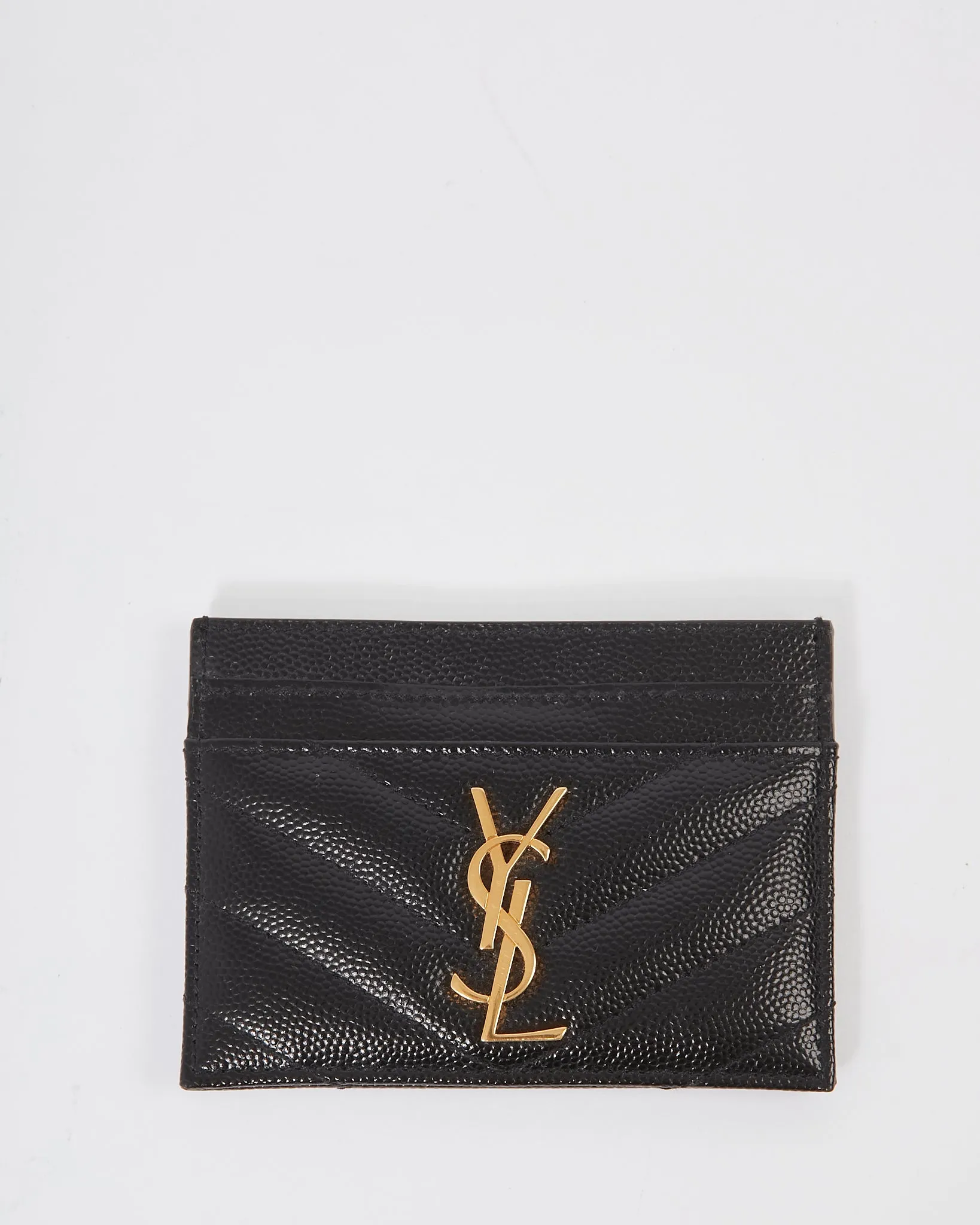 Saint Laurent Black Matelassé Grained Leather Cassandre Embossed Card Holder
