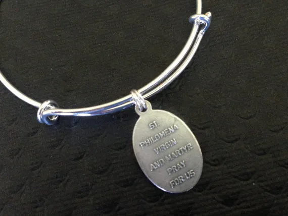 Saint Philomela Charm on a Silver Expandable Adjustable Bangle Bracelet Patron saint of children, youth, babies, infants, lost causes, sterility, and virgins.