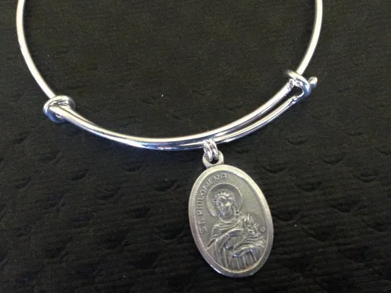 Saint Philomela Charm on a Silver Expandable Adjustable Bangle Bracelet Patron saint of children, youth, babies, infants, lost causes, sterility, and virgins.