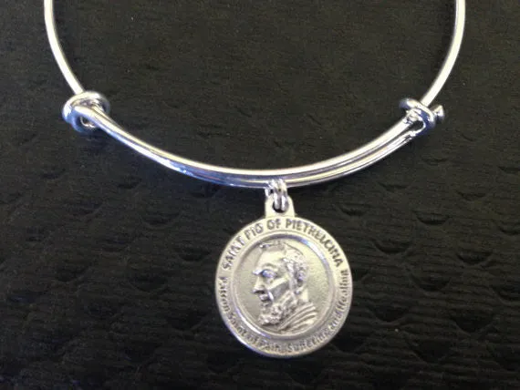 Saint Pio Charm on a Silver Expandable Adjustable Bangle Bracelet Patron Saint of Healing