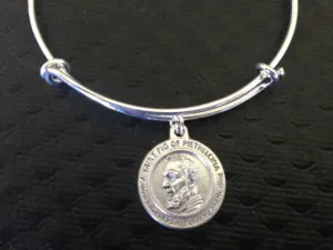 Saint Pio Charm on a Silver Expandable Adjustable Bangle Bracelet Patron Saint of Healing