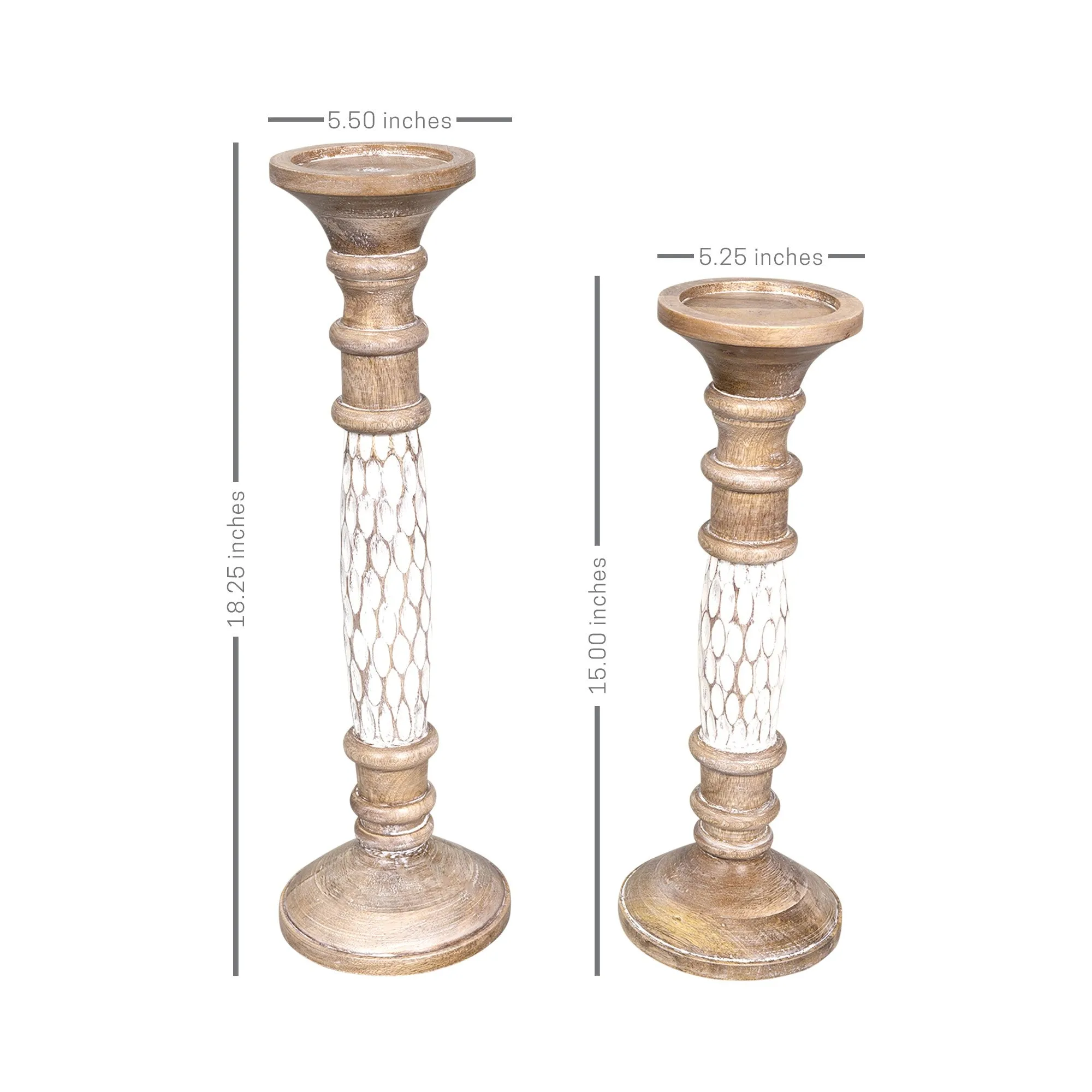 Set of Two White Wooden Carved Candle Holders