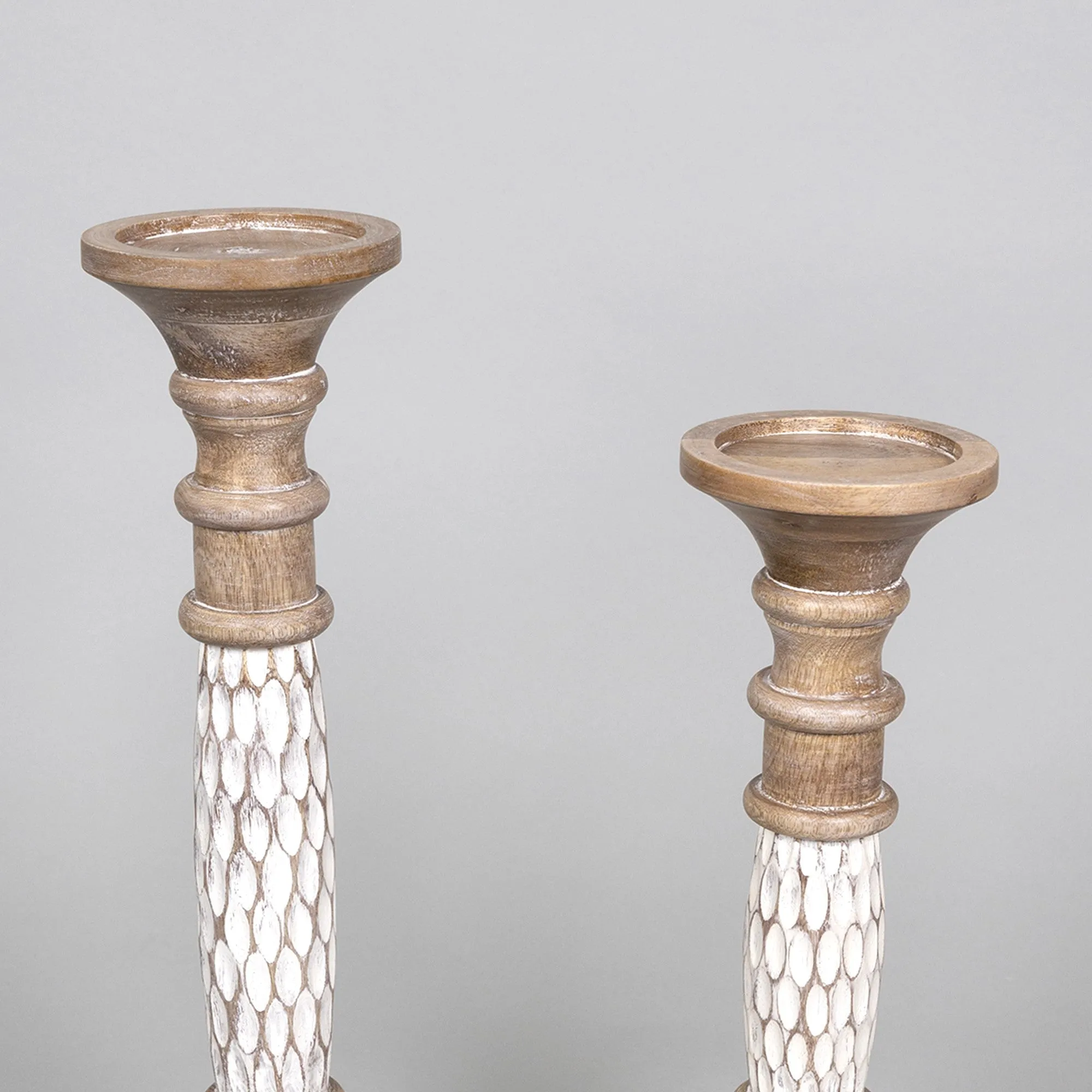 Set of Two White Wooden Carved Candle Holders
