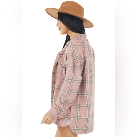 SHE   SKY Baby Pink Plaid Soft Fleece Lightweight Shacket