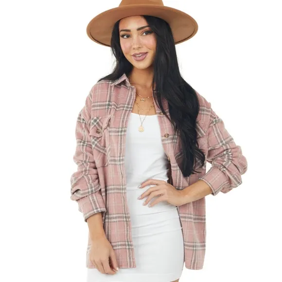 SHE   SKY Baby Pink Plaid Soft Fleece Lightweight Shacket