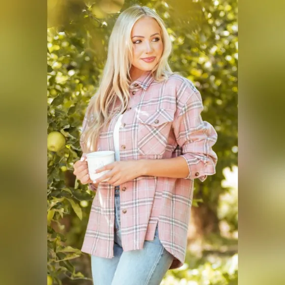 SHE   SKY Baby Pink Plaid Soft Fleece Lightweight Shacket