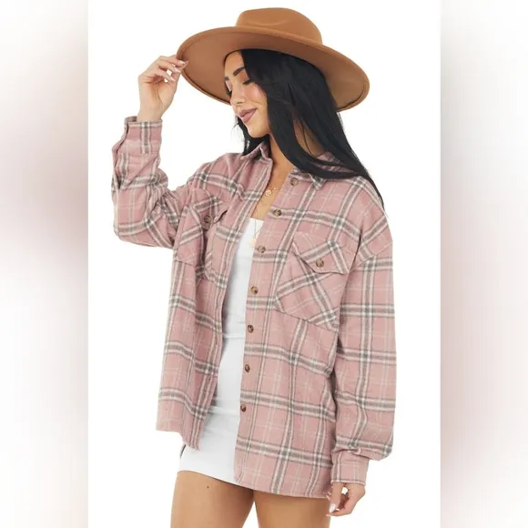 SHE   SKY Baby Pink Plaid Soft Fleece Lightweight Shacket