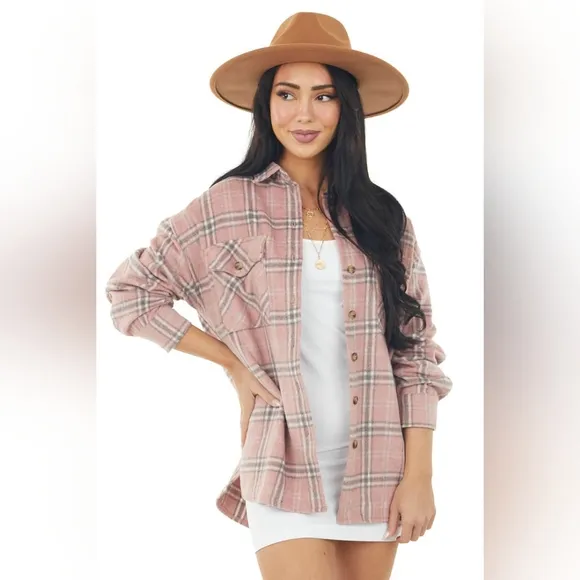 SHE   SKY Baby Pink Plaid Soft Fleece Lightweight Shacket