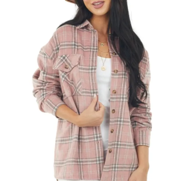 SHE   SKY Baby Pink Plaid Soft Fleece Lightweight Shacket