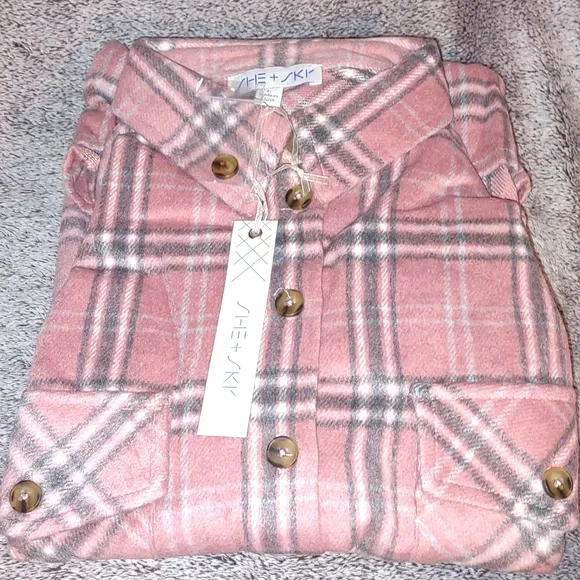 SHE   SKY Baby Pink Plaid Soft Fleece Lightweight Shacket