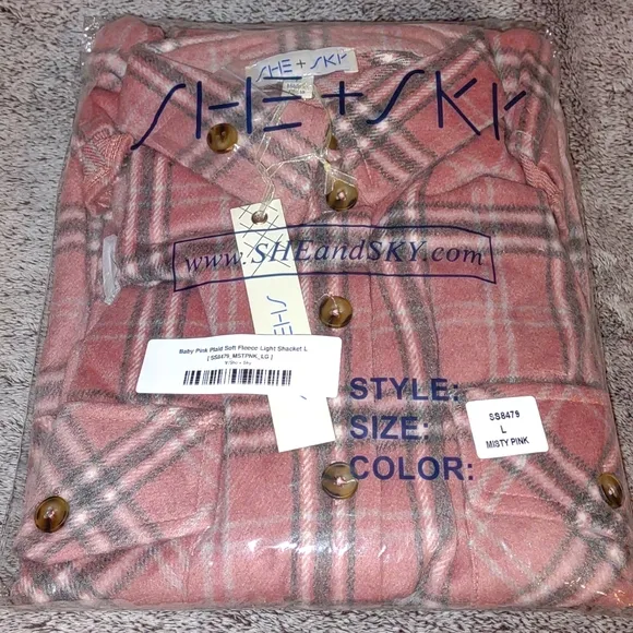 SHE   SKY Baby Pink Plaid Soft Fleece Lightweight Shacket