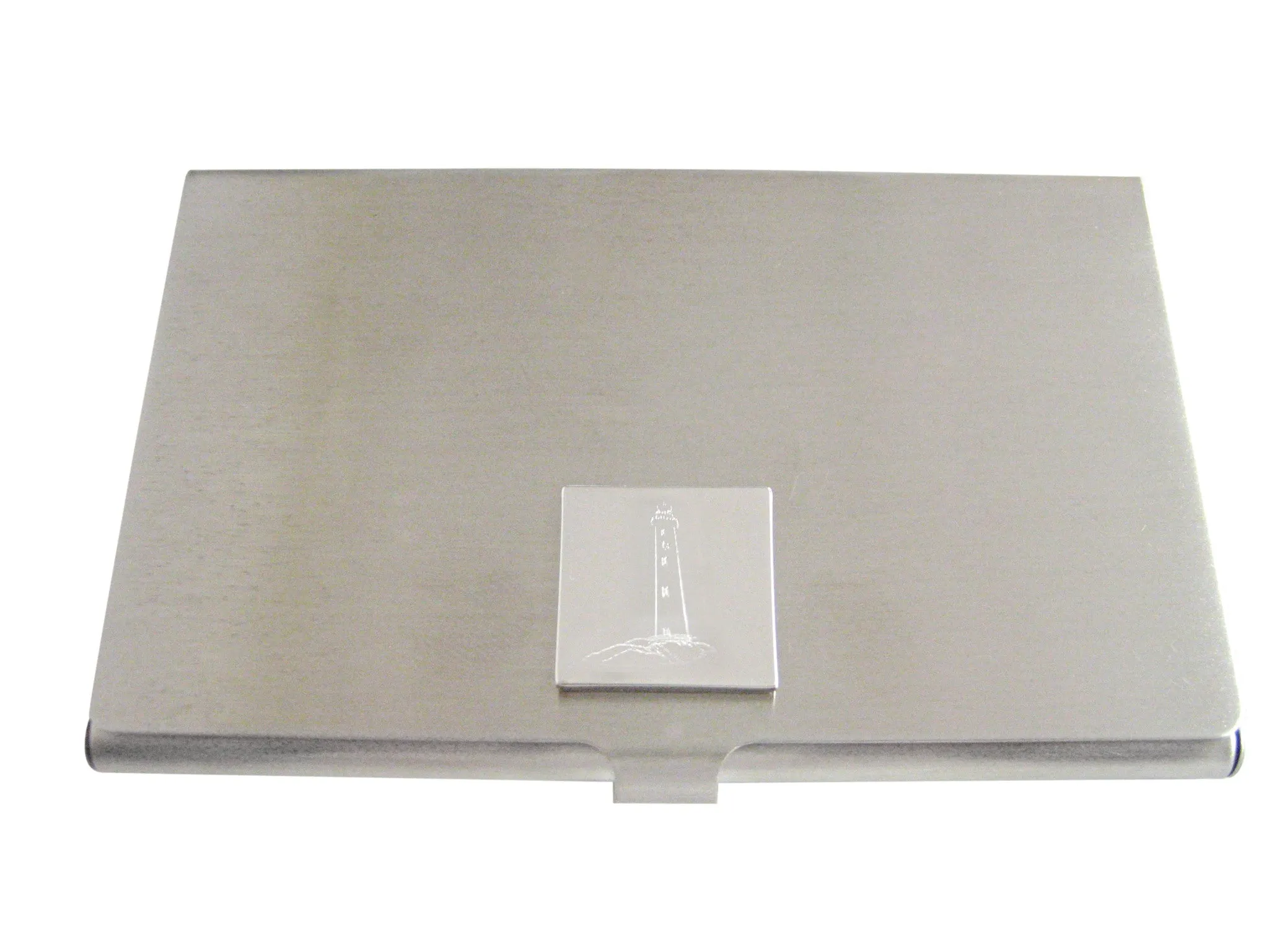 Silver Toned Etched Nautical Lighthouse Business Card Holder