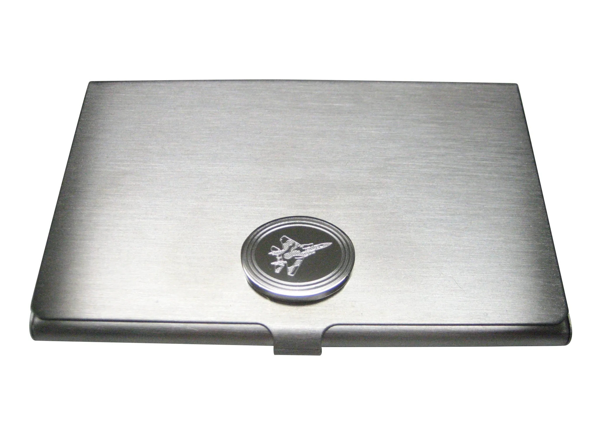 Silver Toned Etched Oval Fighter Jet Plane Business Card Holder