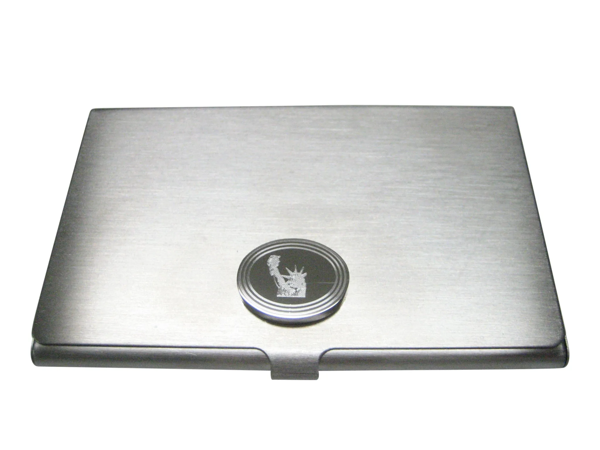 Silver Toned Etched Oval Iconic Statue of Liberty Business Card Holder