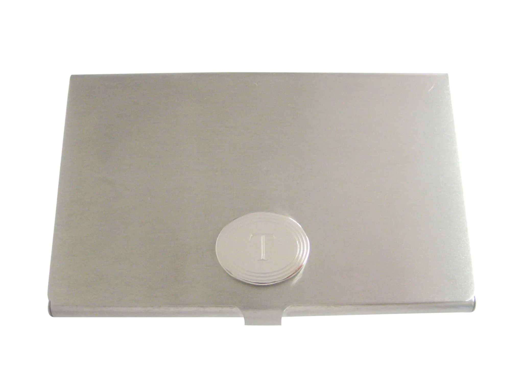 Silver Toned Etched Oval Letter T Monogram Business Card Holder