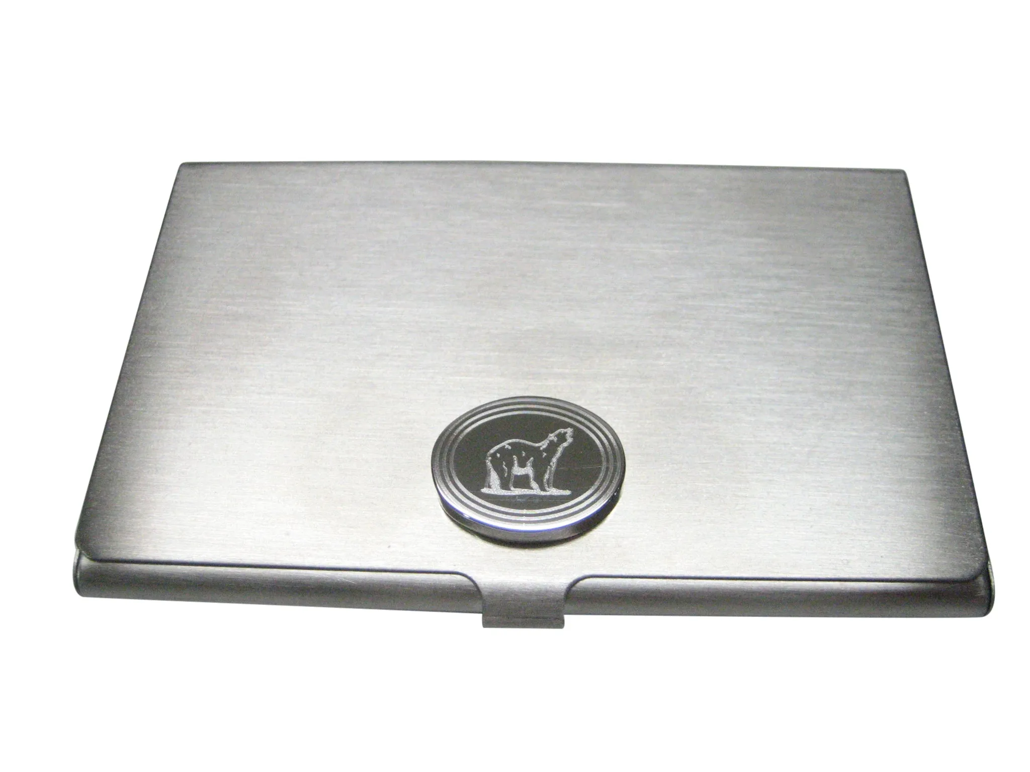 Silver Toned Etched Oval Polar Bear Business Card Holder
