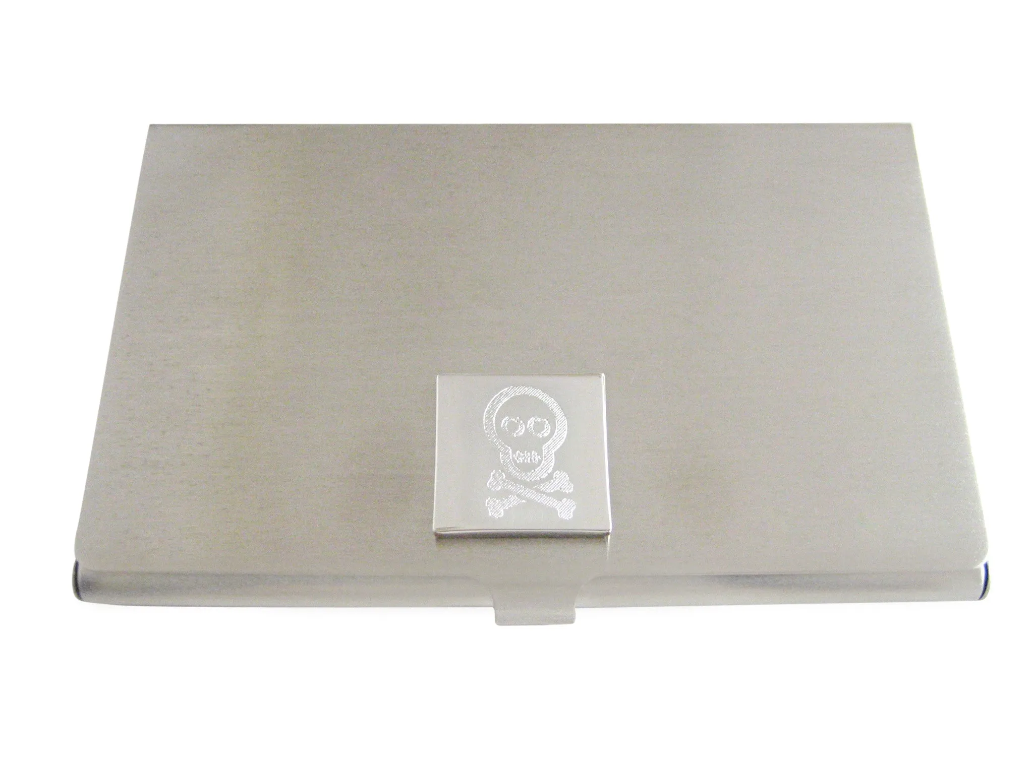 Silver Toned Etched Shy Skull with Crossbones Business Card Holder