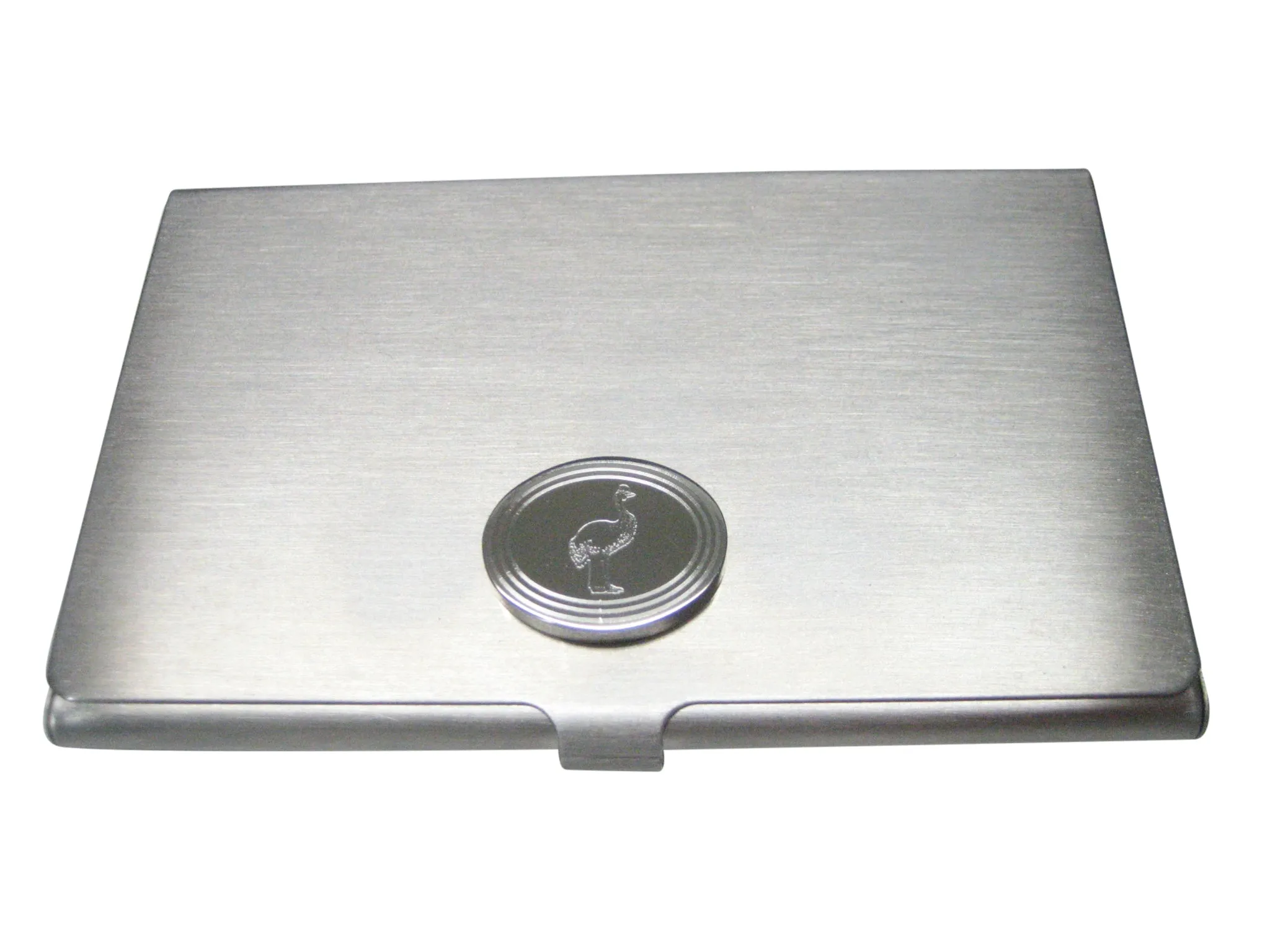 Silver Toned Oval Etched Cassowary Bird Business Card Holder
