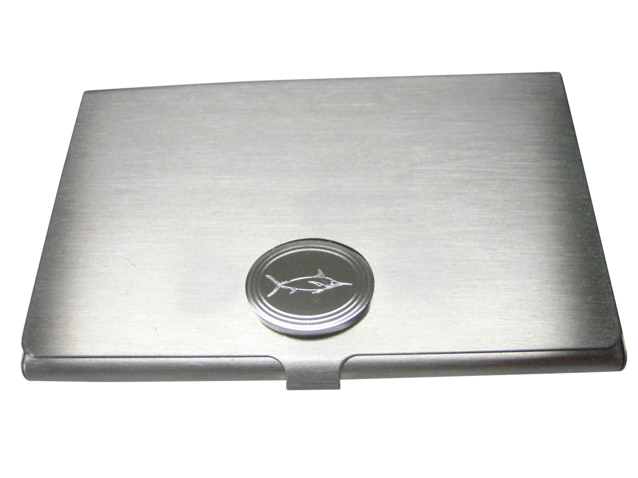 Silver Toned Oval Etched Marlin Sailfish Business Card Holder