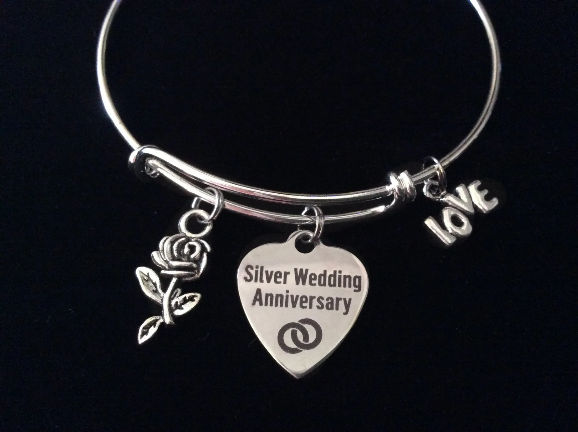 Silver Wedding Anniversary Expandable Charm Bracelet Adjustable Bangle Wife Gift