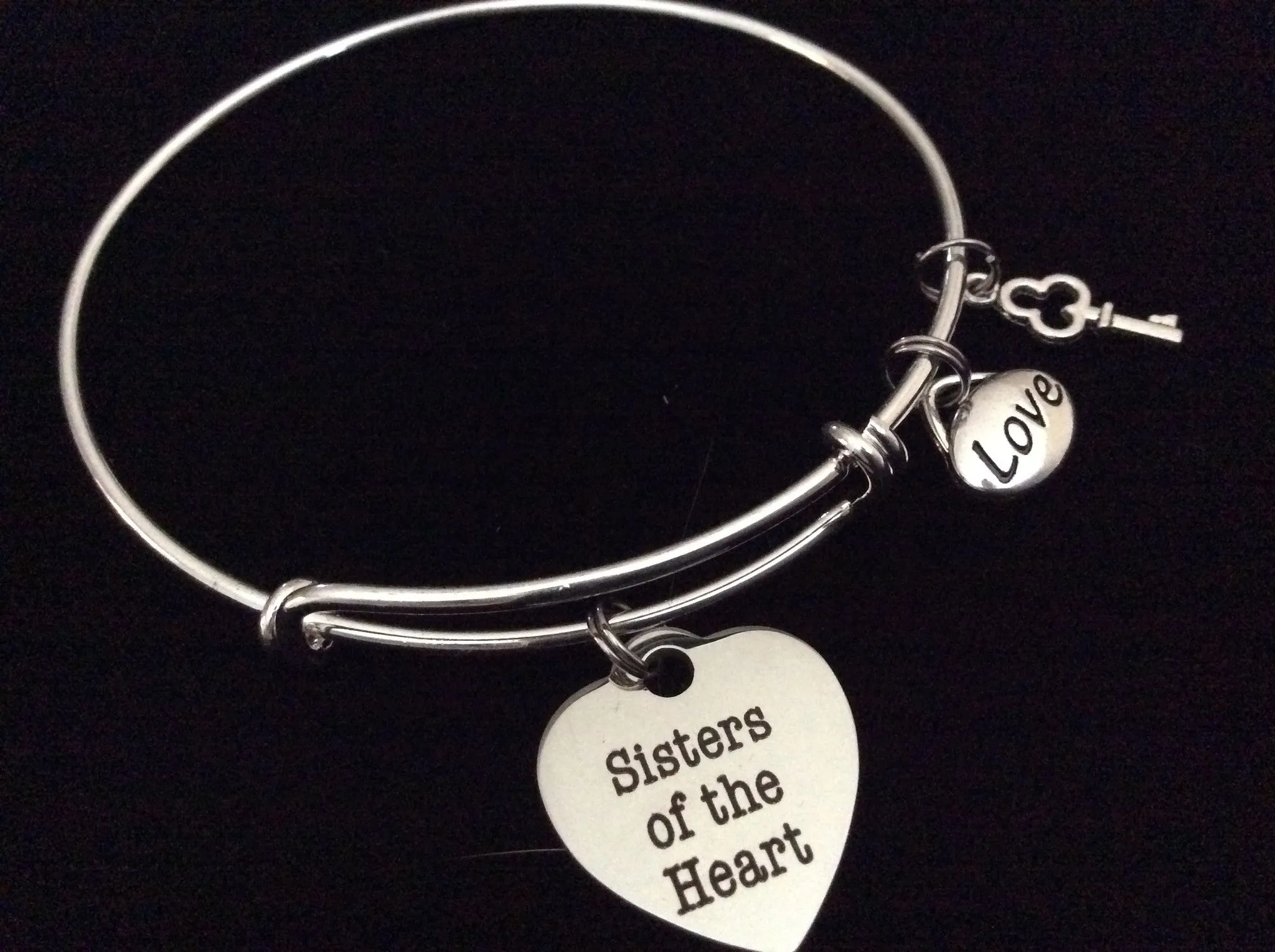 Sisters of the Heart Expandable Silver Charm Bracelet Best Friend Bangle Gift