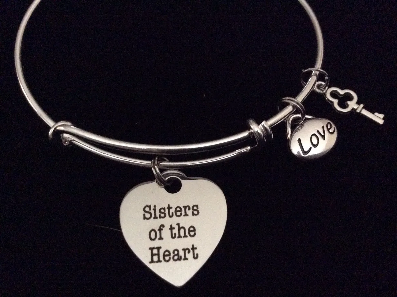 Sisters of the Heart Expandable Silver Charm Bracelet Best Friend Bangle Gift