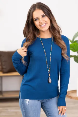Slate Blue Lightweight Sweater With Side Slit